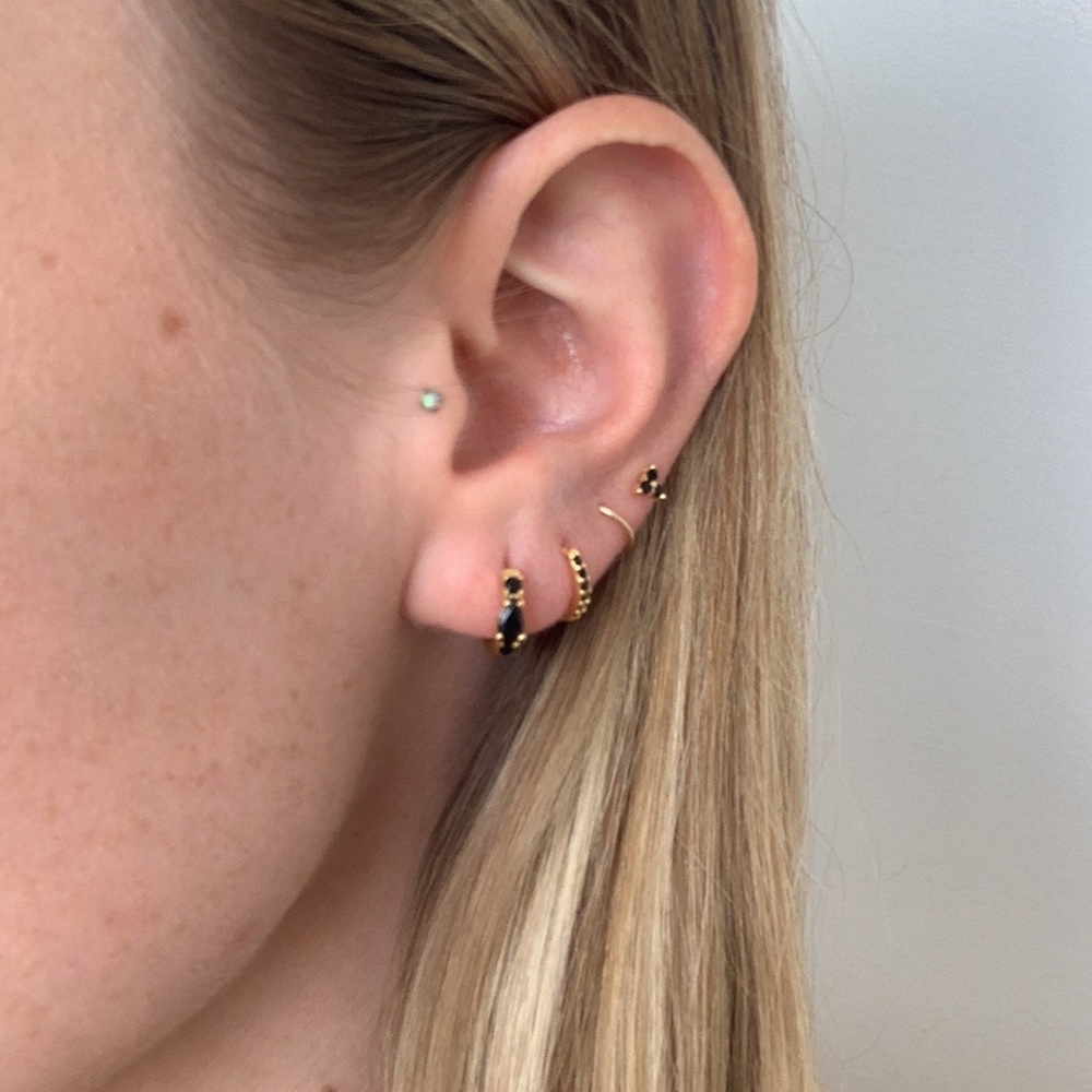 Gold plated sterling silver and black onyx hoops huggie hoop earrings